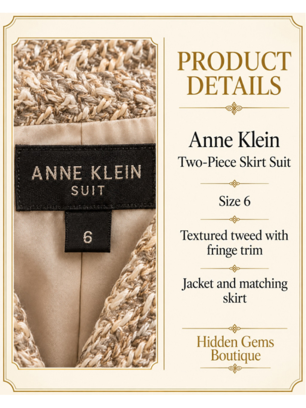 Women's Anne Klein Tweed Skirt Suit Size 6 Beige White Fringe Trim - Picture 6 of 8